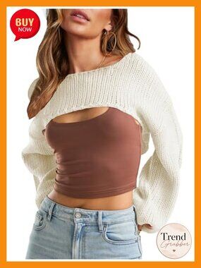Women's Cropped Knit Shrug Long Sleeve Pullover Crochet Sweater